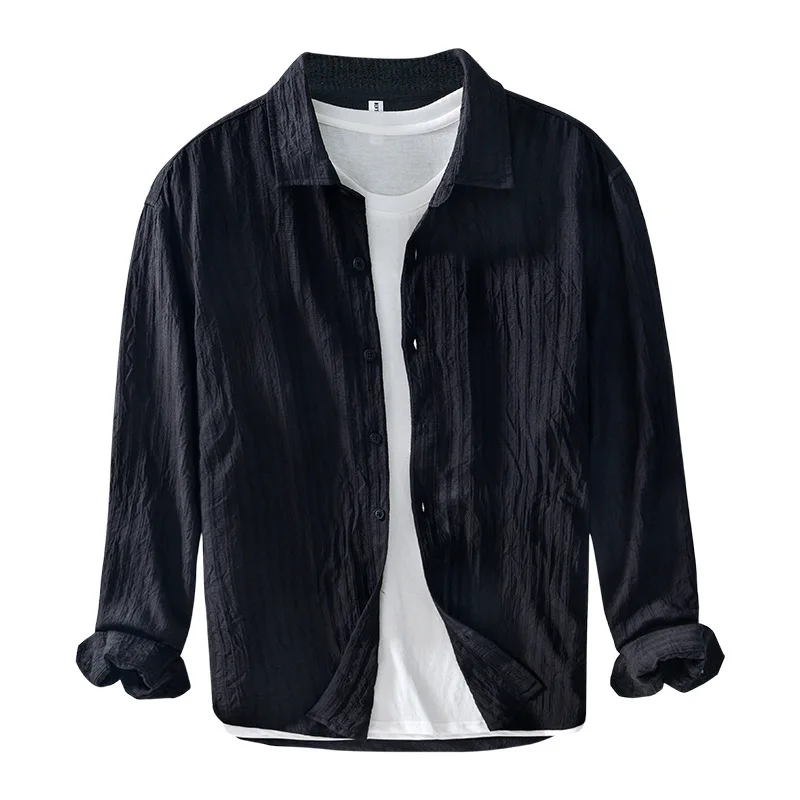 Artistic Pure Color Long Sve irt 005 Fre Basic Sle Artificial Cotton Thin Versatile irt for Middle-Aged And ...