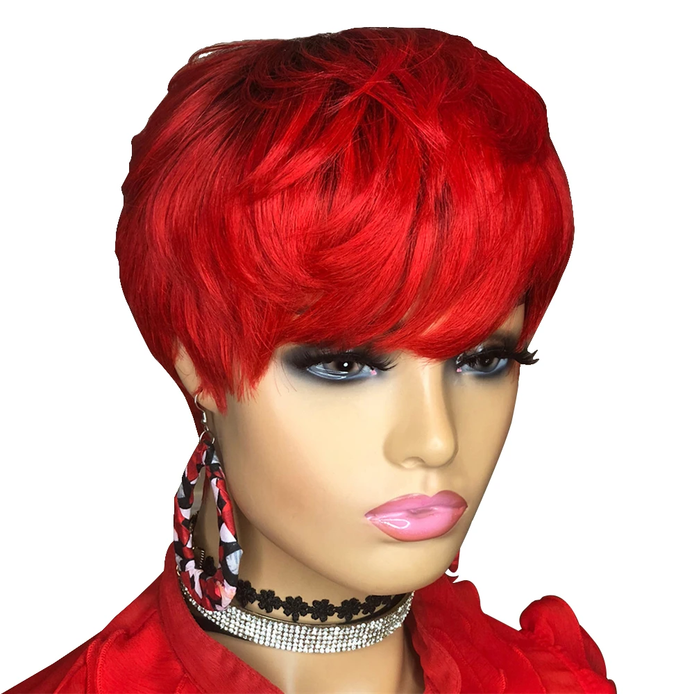Short Human Hair Wigs Pixie Cut Straight Red Color Brazilian Hair for Black Women Full Machine Made short hair wigs Cheap Wig