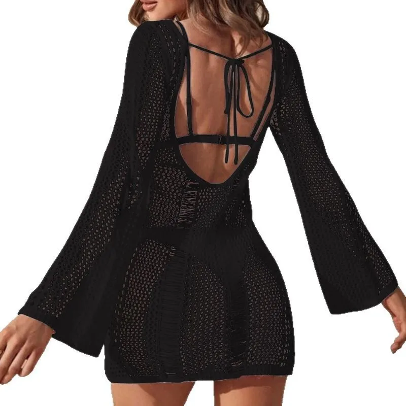 2023 ใหม่กระโปรงชายหาดถัก Hollow เปิดกลับเซ็กซี่แขนยาวห่อสะโพกบิกินี่ชุดว่ายน้ําสําหรับสตรี