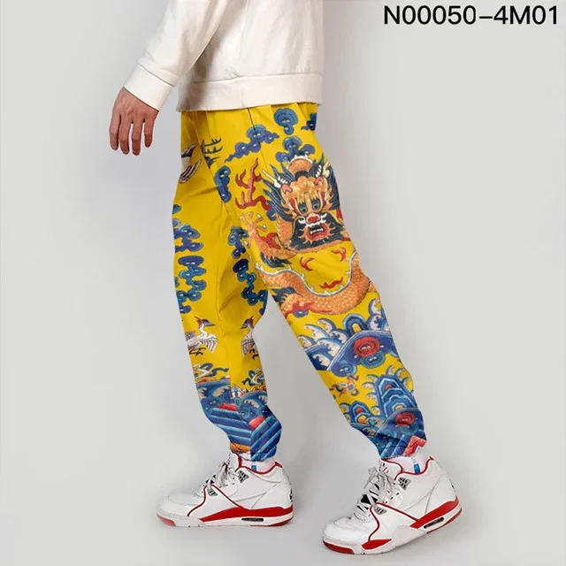 Men's Vibrant Yellow Chinese Dragon Cloud Crane Print Jogger Pants Ethnic Streetwear Soft Drawstring Casual Loungewear Trousers