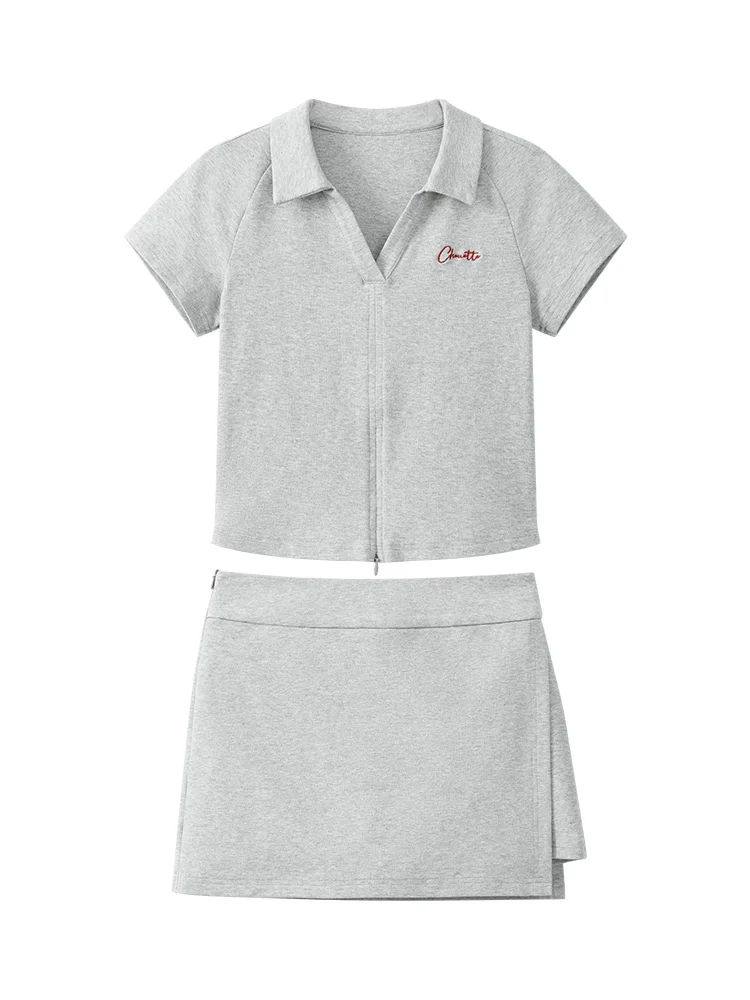 Vintage Polo Collar 2 Piece Set for Women Summer Crop Top Slit Skort Casual Sporty Y2K Outfit for Tennis Streetwear Daily Looks