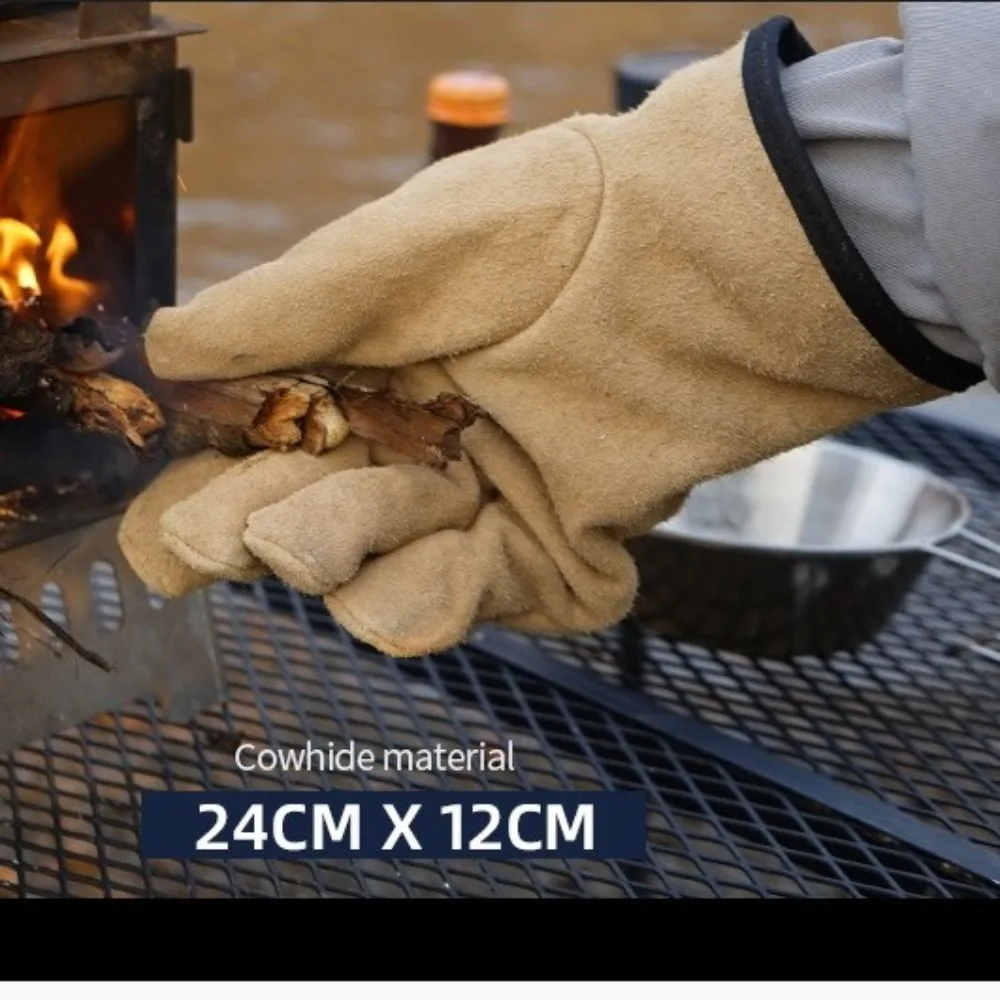 

1 Pair Cooking Mitts Cowhide Leather Barbecue Gloves Durable Thicken Work Gloves Adjustable Anti Slip Outdoor BBQ Gloves BBQ