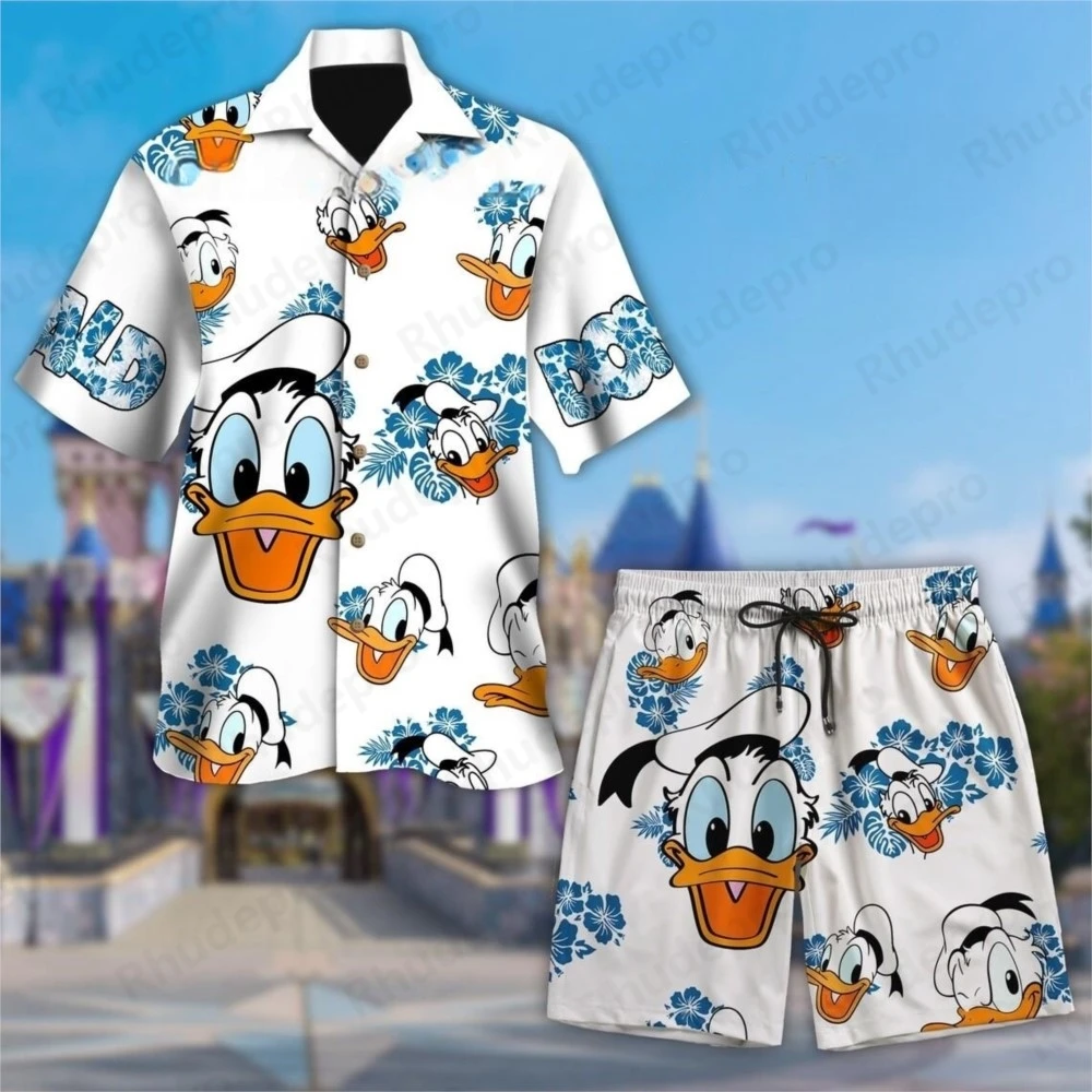 

Disney 2025 Donald Duck Summer Hawaii Shirt Shorts Suit Casual Beach Vacation Short Sleeve Set Beach Shorts Retro Button Shirt