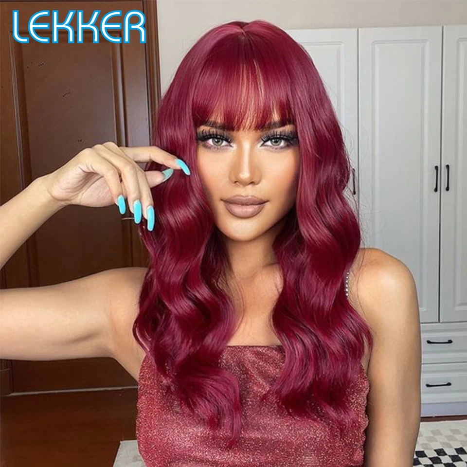 

Lekker Glueless Burg Red Deep Wavy Human Hair Wigs With Bangs For Women Brazilian Remy Hair Ready to Wear Body Wave 26" Long Wig