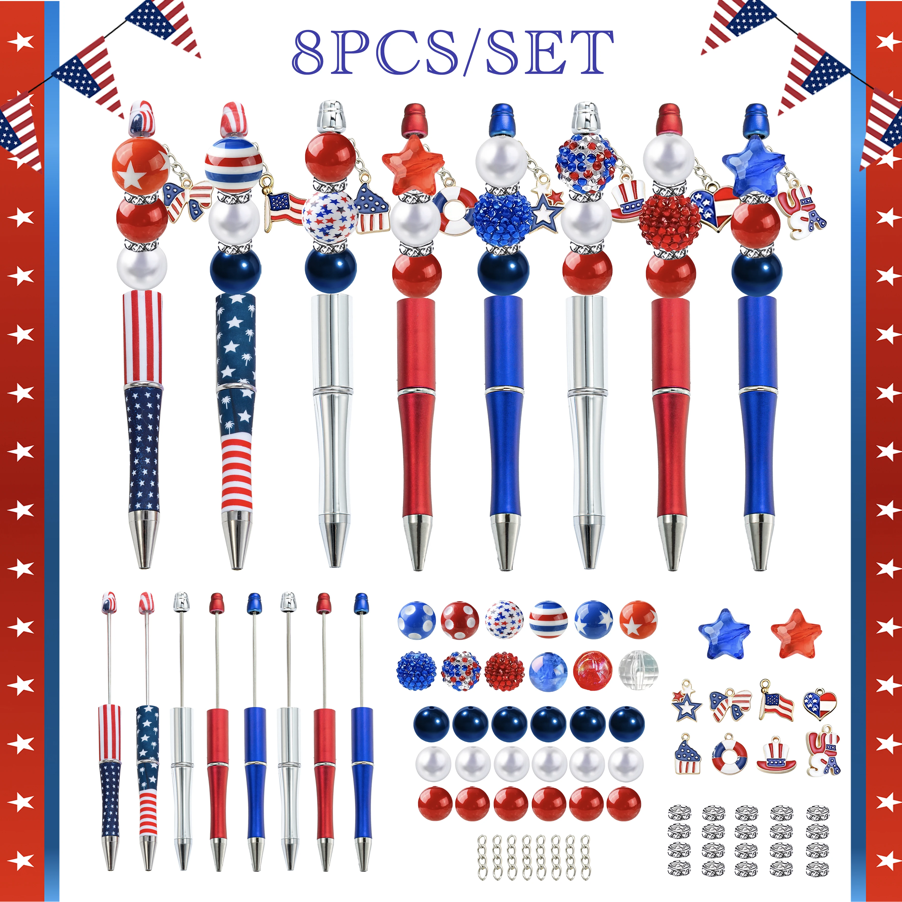 8PCS Flag Star American Independence Day Theme DIY Bead Ballpoint Pen &Acrylic Bead Pendant Set, Office &School Supply