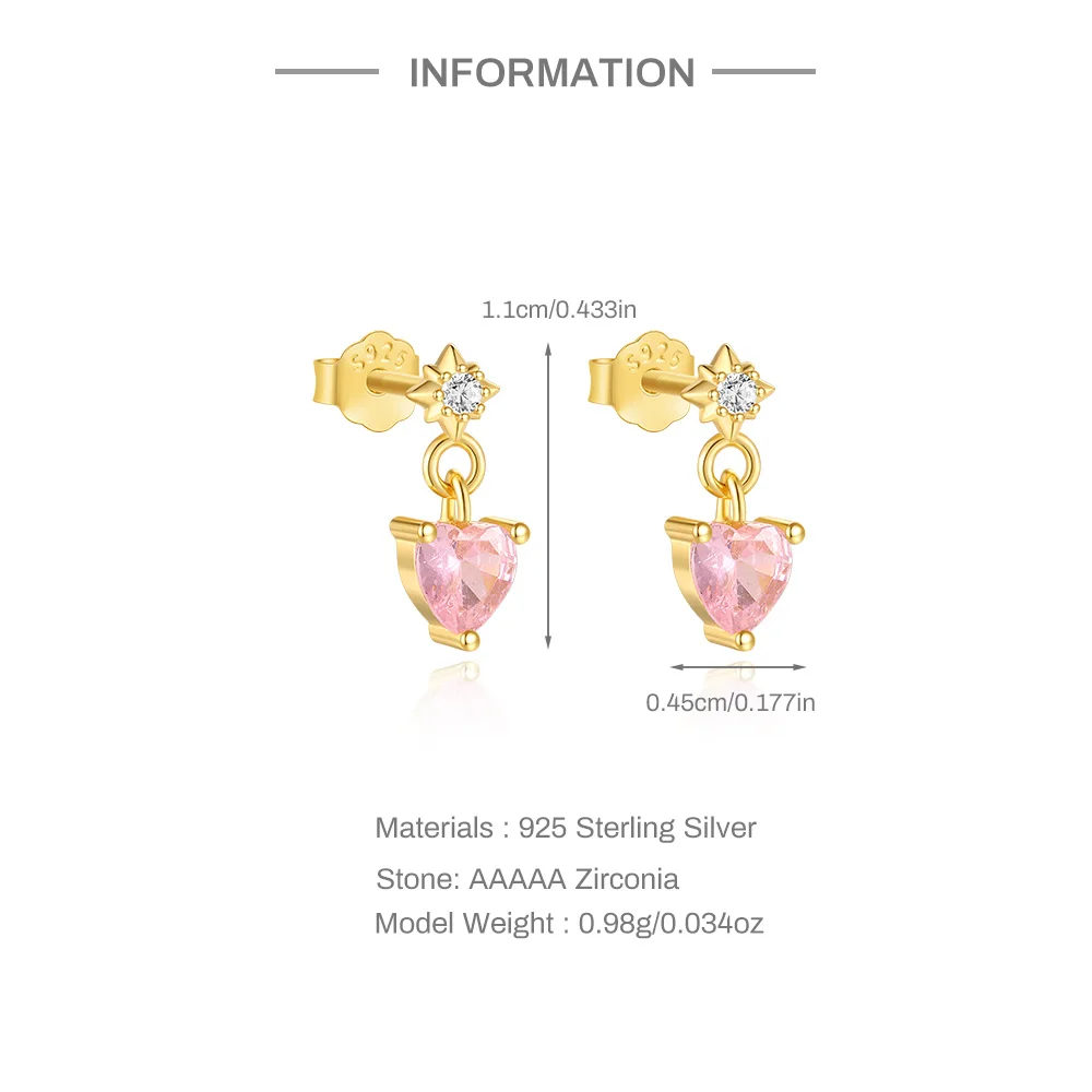 CANNER Pink Heart Shape Zircon Eight Pointed Star 925 Sterling Silver Stud Earring For Women Ins Tassel Flower Earring Gift
