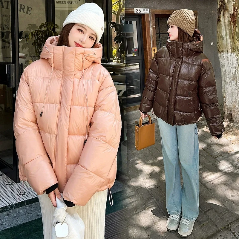 2025 신상 겨울 여성 파카 패션 후드 두꺼운 따뜻한 광택 다운 코튼 코트 파카 여성 캐주얼 아우터 오버코트