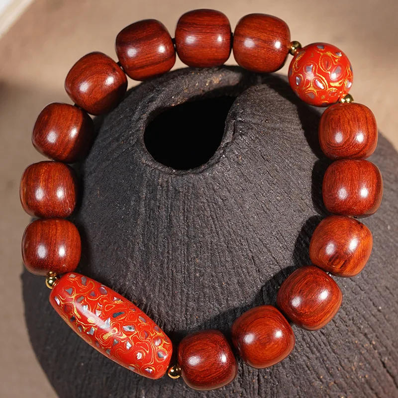 Chinese Style Lucky Ebony Red Sandalwood Barrel Beads Bracelet Handmade Dzi Bead Lacquer Bead Prayer Mala Blessing Jewelry For