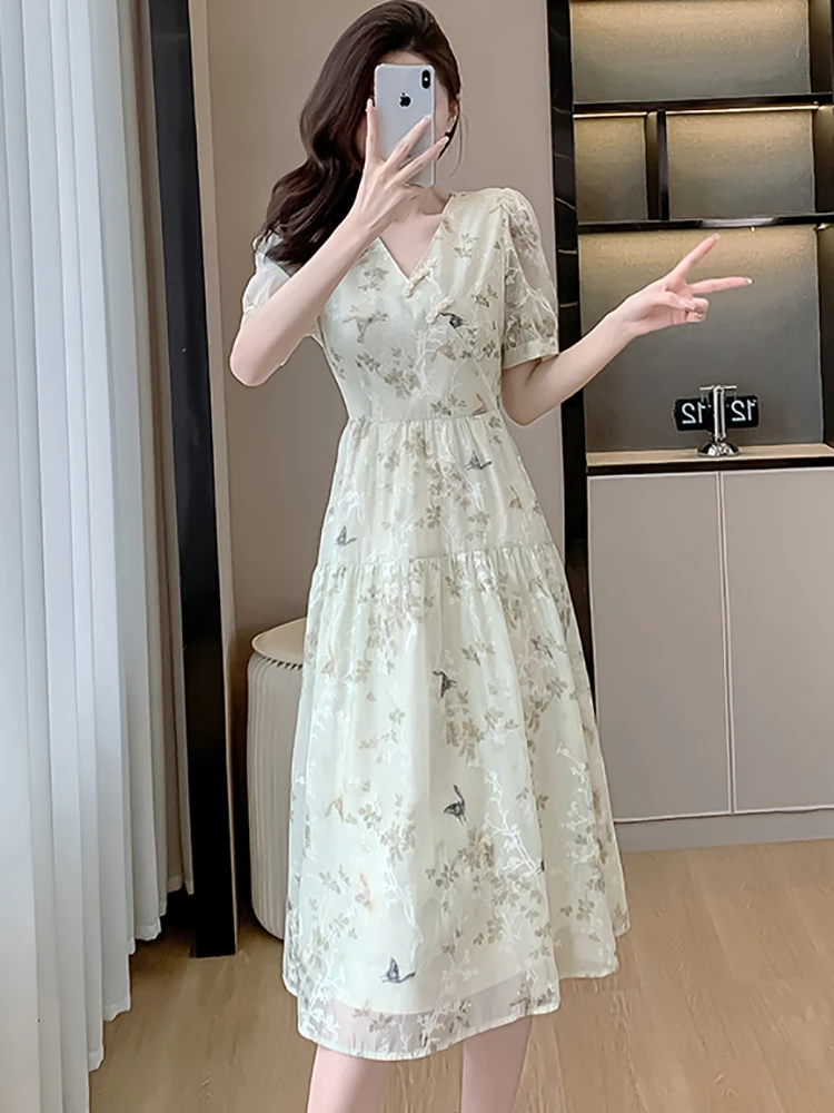 Letnia szyfonowa sukienka midi z krótkim rękawem i dekoltem w szpic dla kobiet Elegancka sukienka wakacyjna 2025 Koreańska sukienka jednoczęściowa Bodycon