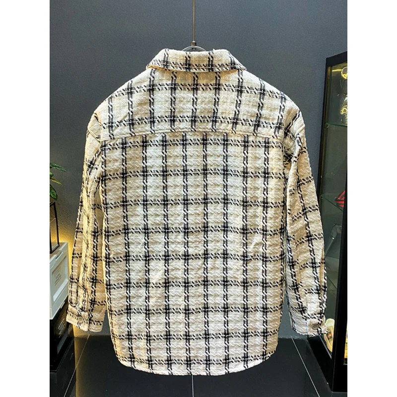 2024 Autumn New Checkered Printed Collar Shirt Coat Men's Trendy American Street Casual Long Sleeve Top