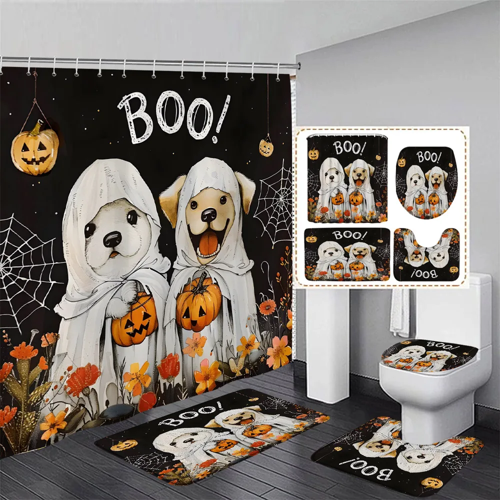 Funny Halloween Shower Curtain Set Cute Bathing Ghost Pumpkin Floral Skull Home Bathroom Decor Rugs Bath Mats Toilet Lid Cover