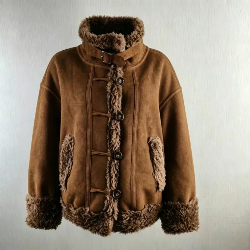 2026 Faux Suede Short Coat Women's Double-faced Fur Jacket Winter Berber Fleece Thicken Outerwear Single-breasted Top Slim Coats