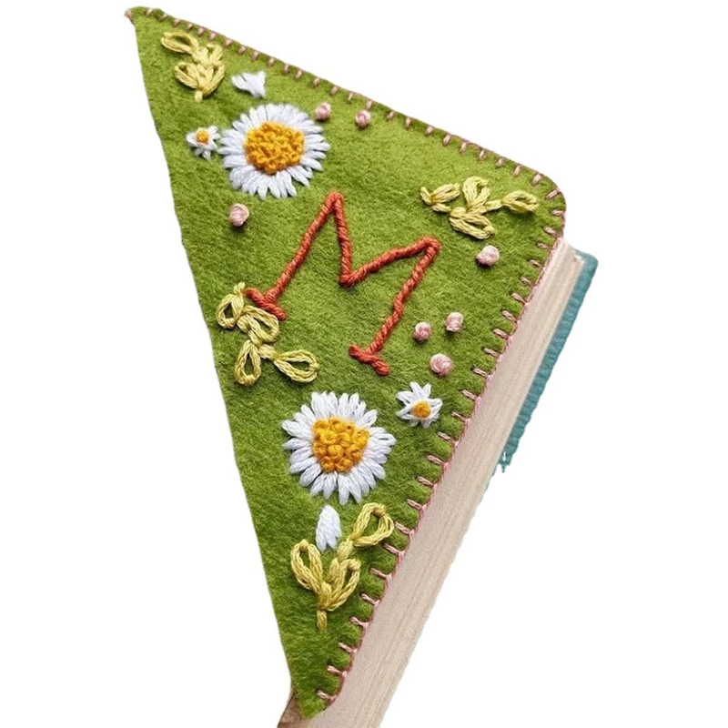 4PCS Hand Embroidered Corner Bookmark Felt Corner Letter Bookmark Flower Letter Embroidery Bookmarks