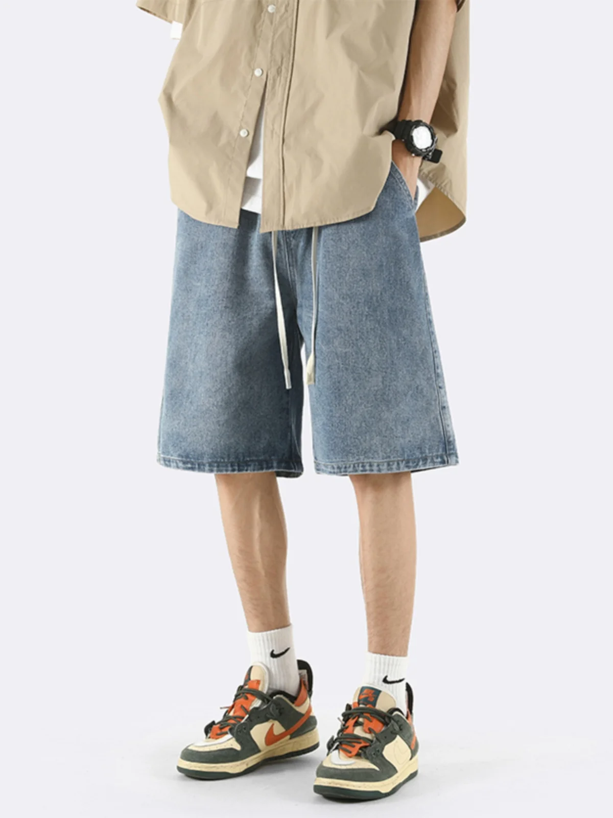 

Summer Thin Casual Loose Men's Denim orts Elastic Mid-Waist Straight Leg Trendy Brand Blue Jeans Youth ular Sle orts
