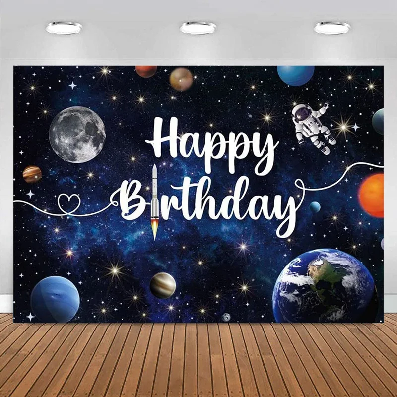 

Happy Birthday Party Decoration Photography Backdrop Rocket Astronaut Planet Galaxy Outer Space Universe Party Banner Background