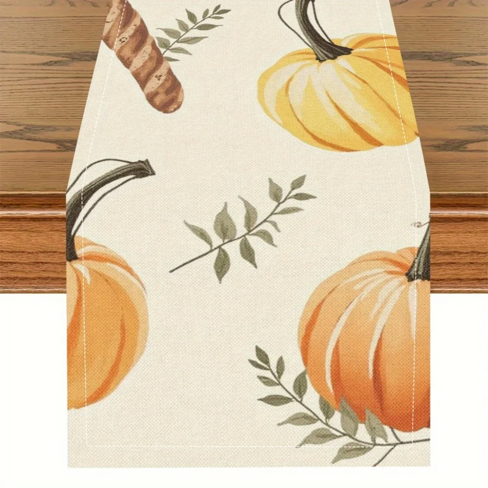 French Harvest Thanksgiving-Tischläufer mit Kürbissen, Baguettes und Herbstlaub – langlebiger Stoff für Herbst-Esstische