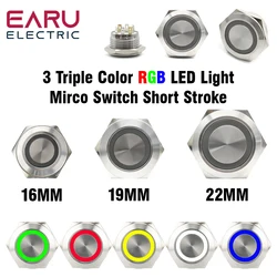 16/19/22mm 3 Triple Color RGB LED Light Mirco Switch Short Stroke Momentary Self-reset Waterproof Metal Push Button Switch Power