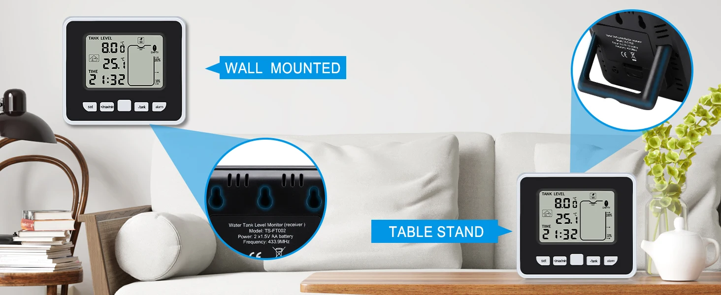 Ultraschall-Flüssigkeitsstandmessgerät für den kabellosen Wassertank mit Temperatursensor, Echtzeit-LCD-Display, Hi/Low-Alarm, Min./Max. Aufnahme für Zuhause – Detail 6