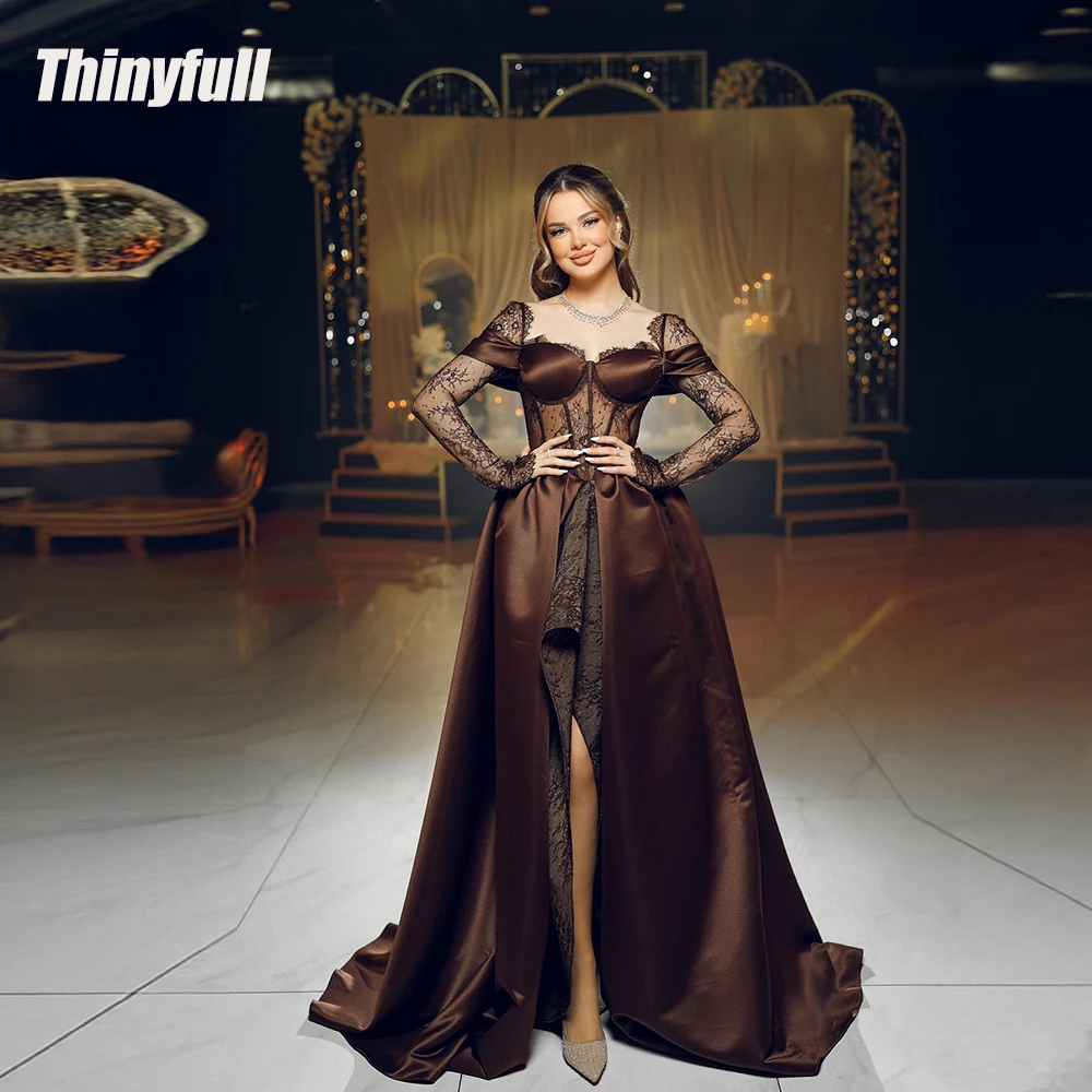 

﻿ Thinyfull A-line Satin/Lace Prom Dresses Sweetheart Full Sleeves Evening Party Gown Customized Long Special Occasion Dress