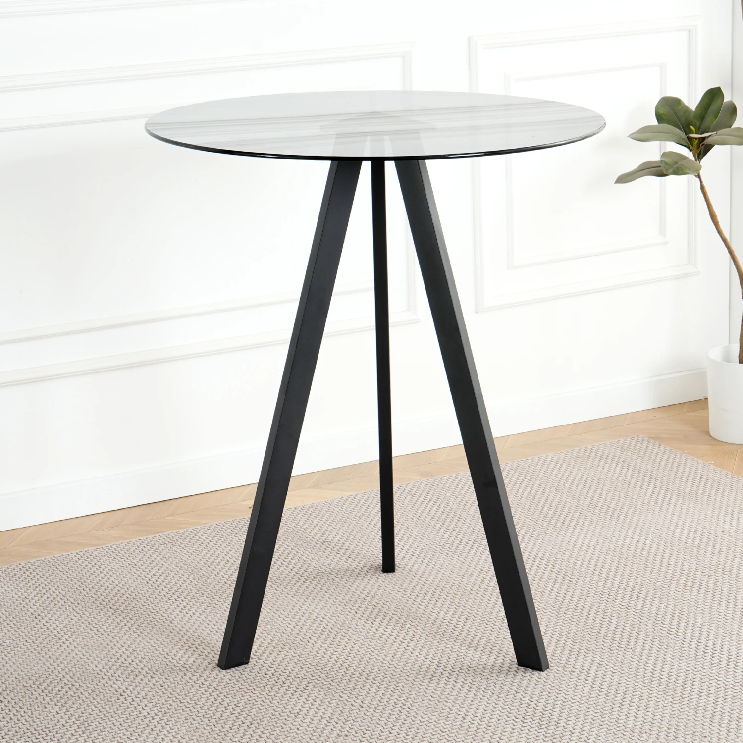 

Modern Glass Dining Table Round Grey Tempered Glass 31.5" Bar Table Clear Top, Black Metal Legs (Set of 1)
