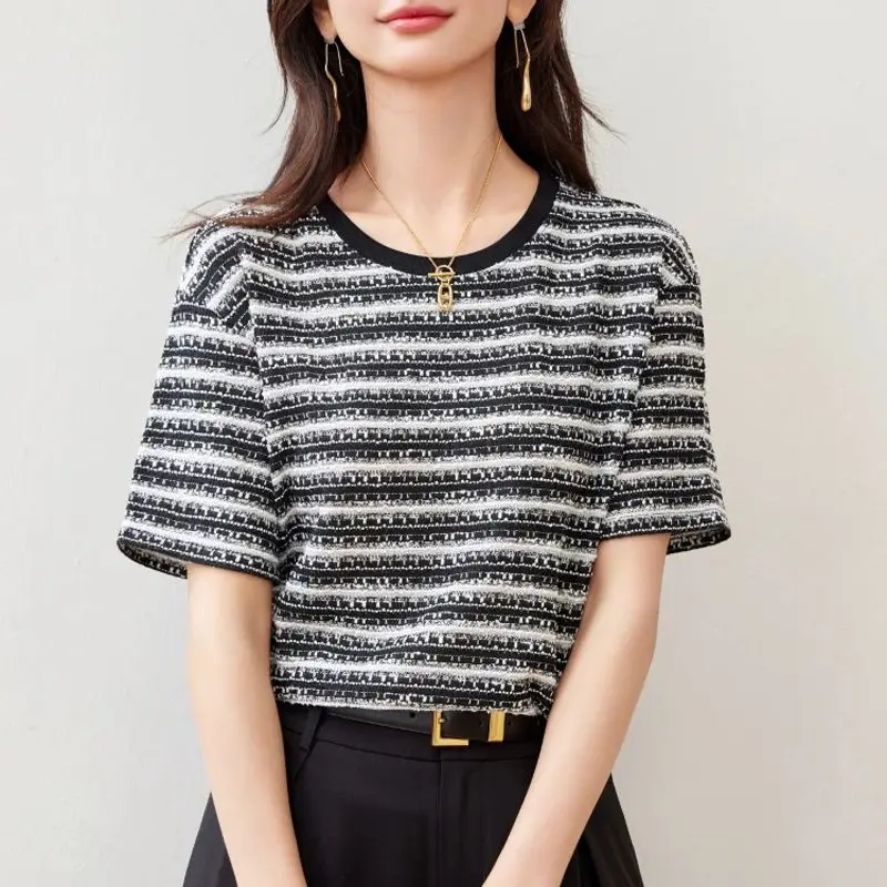 Temperment Jacquard Texture Women's Short Sleeved All Match T-shirt Summer Versatile Thin Round Neck Street Casual Tops