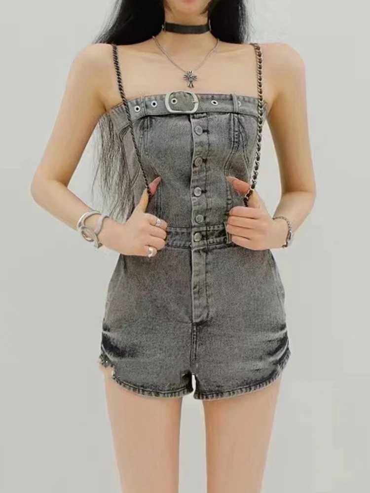 DEAT Fashion Women's Denim Jumpsuit Shorts Chest Wrapping Metal Belt Decorate Single Breasted Bodysuit Summer 2024 New 11XX9303