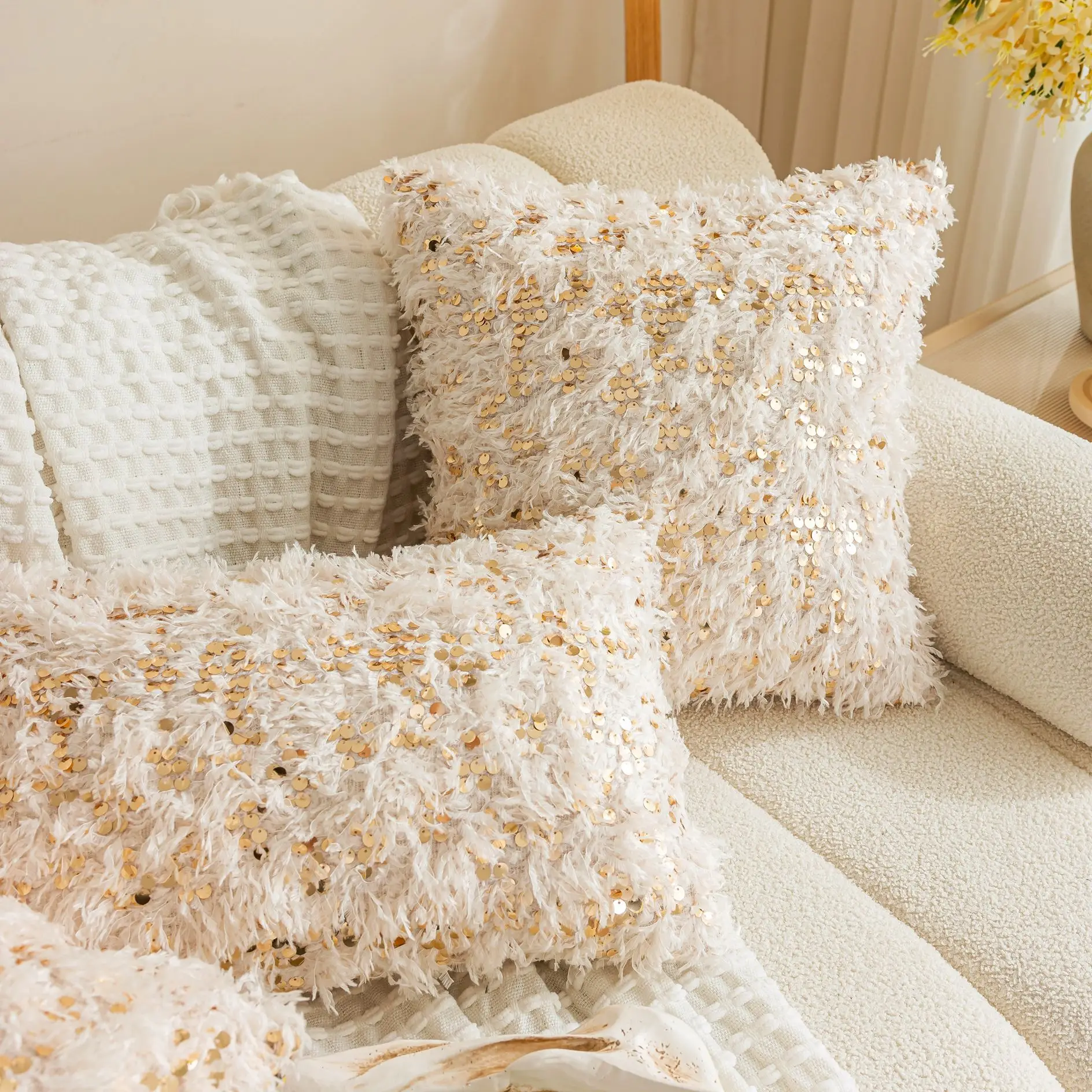 Embroidered Gold Glitter Pillow Case Bedhead Cream White Plush sequin Cushion Cover
