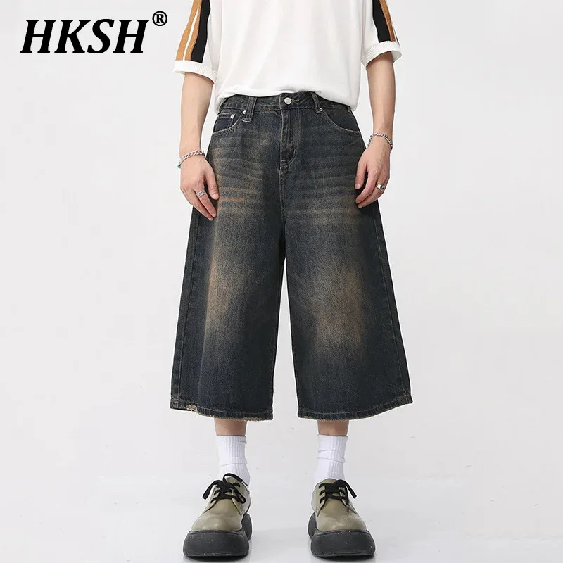 

HKSH Korean Tide Vintage Men's Jeans Summer Loose Shorts Wide Leg Knee Length Pants 2024 New Washed Fashion Denim Capris HK2189