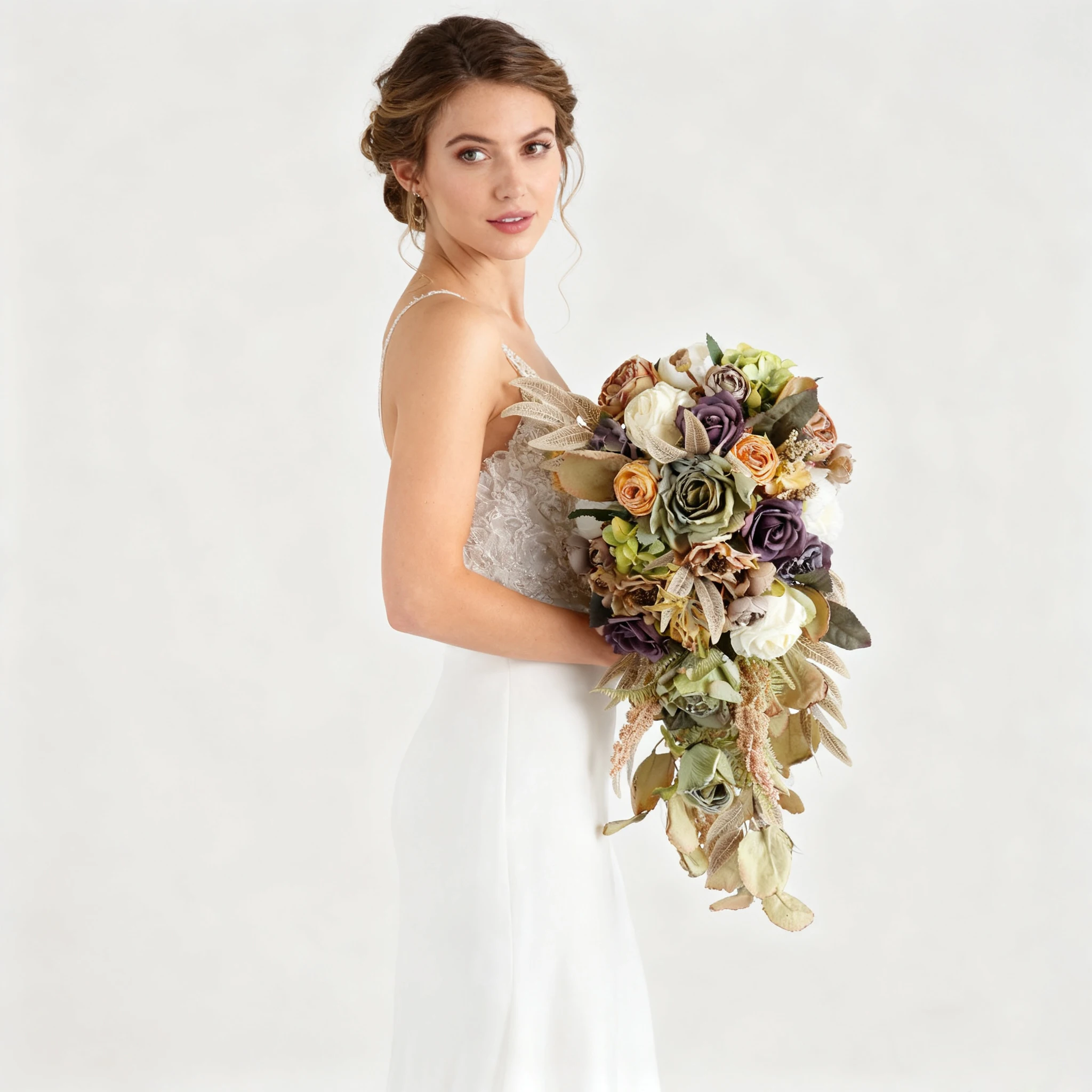 باقة الزفاف البنية، زهور الورد الاصطناعية للعروس مع أشرطة، زهرة وهمية لوصيفة العروس #3