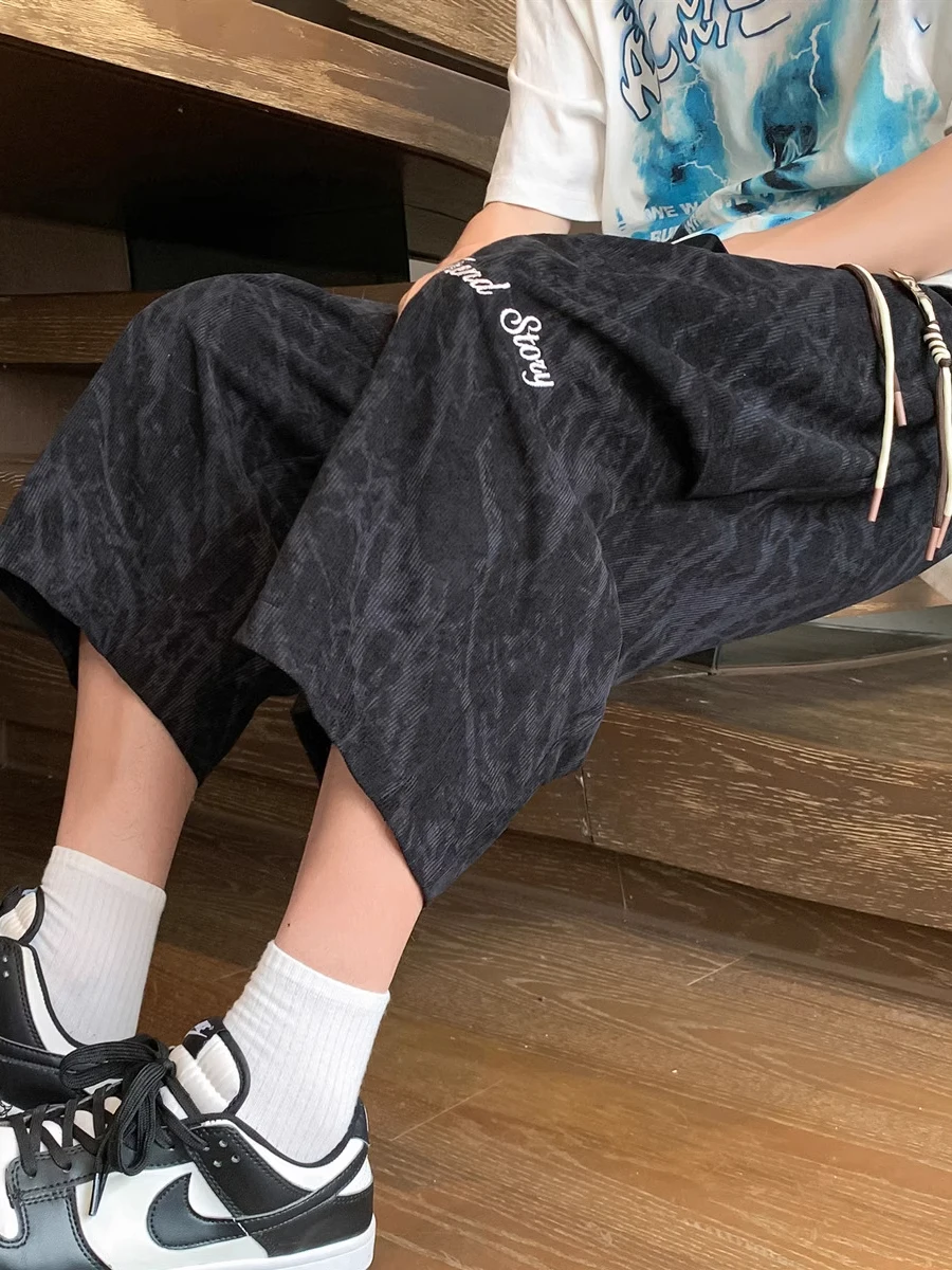 

Свободные прямые повседневные хлопковые брюки, мужские летние широкие брюки со средней талией и завязками, вышивка в семь футов, свободный крой, прямой крой