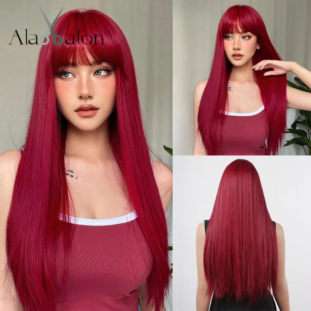 ALAN EATON Red Long Silky Straight Hair Wig for Black women Red Cosplay Custom Synthetic Wigs with Bangs High Temperature Fiber