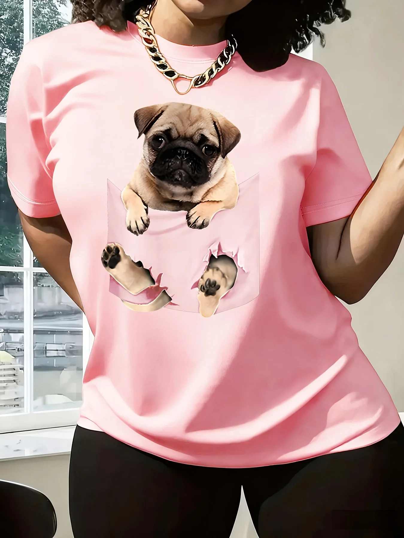 Khabaron Print Round Neck T-shirt Hanging in Pocket, Casual Short Sleeved Round Neck T-shirt for Women