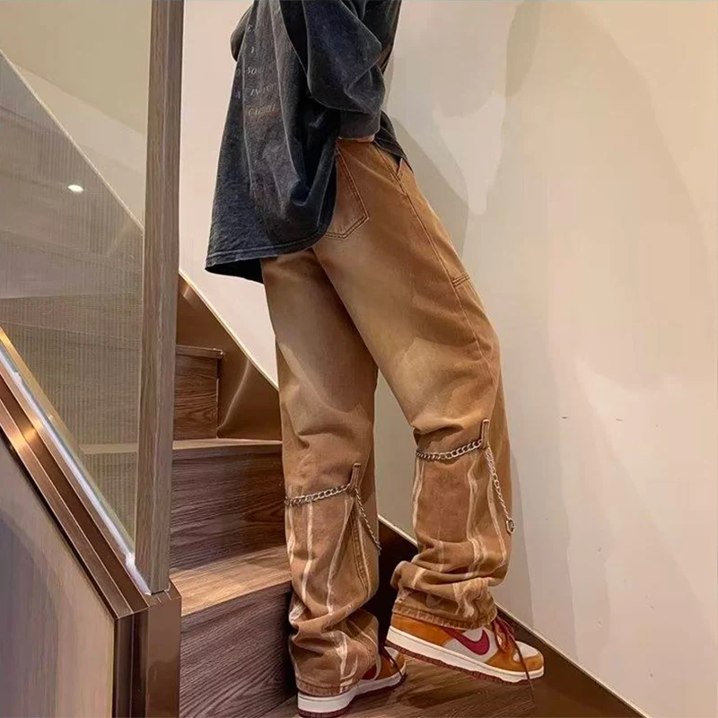 

Retro American Workwear Jeans Men's Spring Autumn Coffee Color Loose High Street Straight Leg Long Pants Youth Trendy