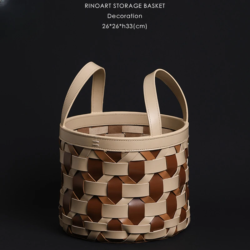 

Nordic hand-woven contrasting head saddle leather camping basket bag dirty clothes basket storage basket grocery bag