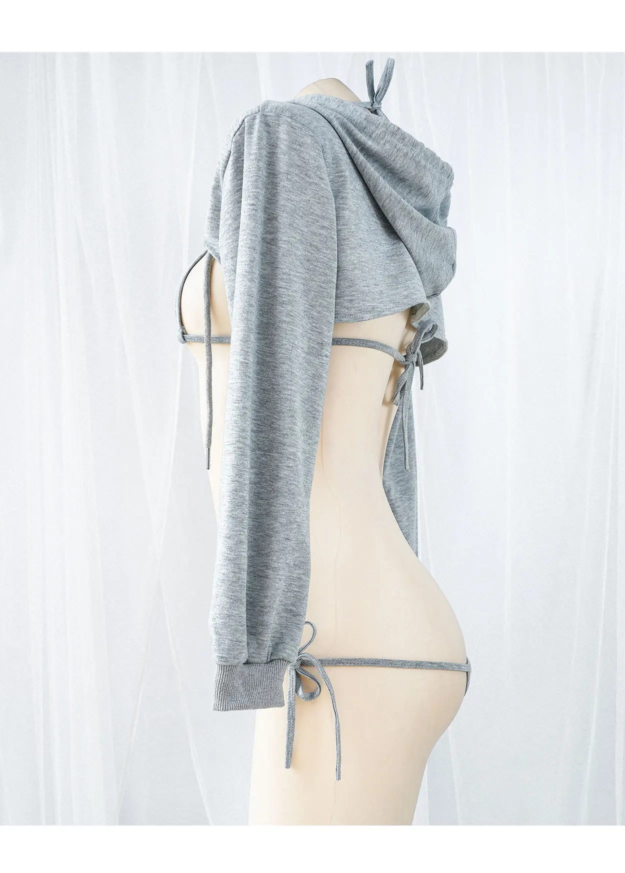New lace up half neck bikini set women's hooded long sleeved sweater jacket sexy gray three-point swimsuit lingerie super cool
