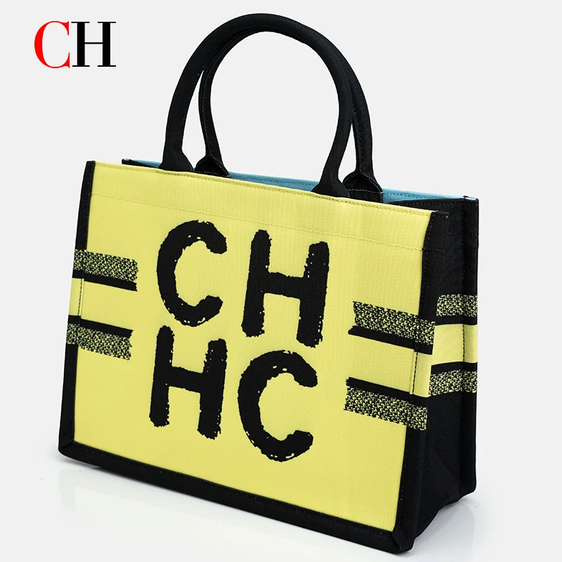 CH Tote Bag Women Canvas Letter Print Top Handle Handbag Large Capacity Fashion Daily Shopping Commuter Shoulder Crossbody Purse