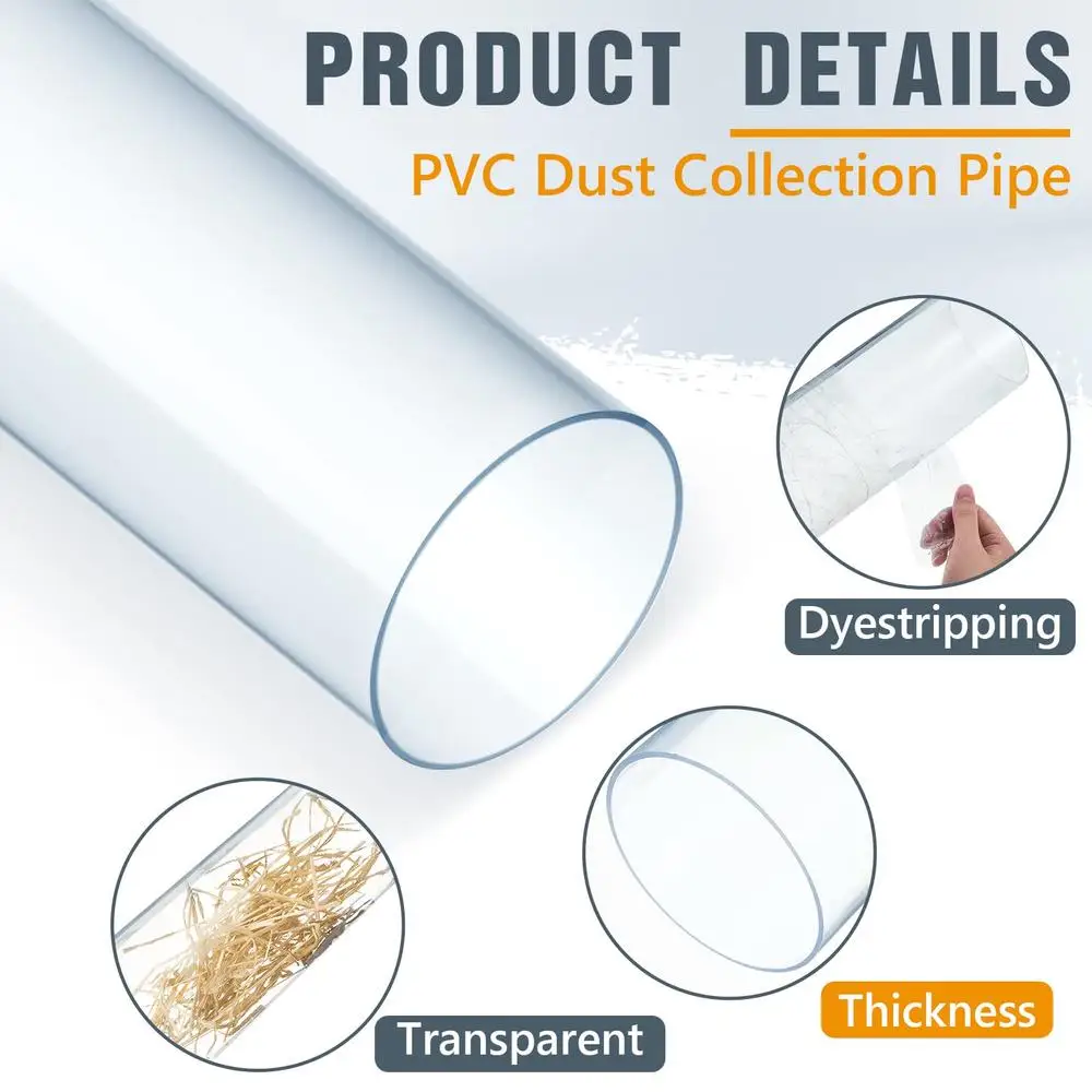 Tubo de PVC transparente duradero, tubo rígido resistente de 4 pulgadas x 36 pulgadas con abrazaderas de correa de tubo, accesorios de recolección de polvo irrompibles