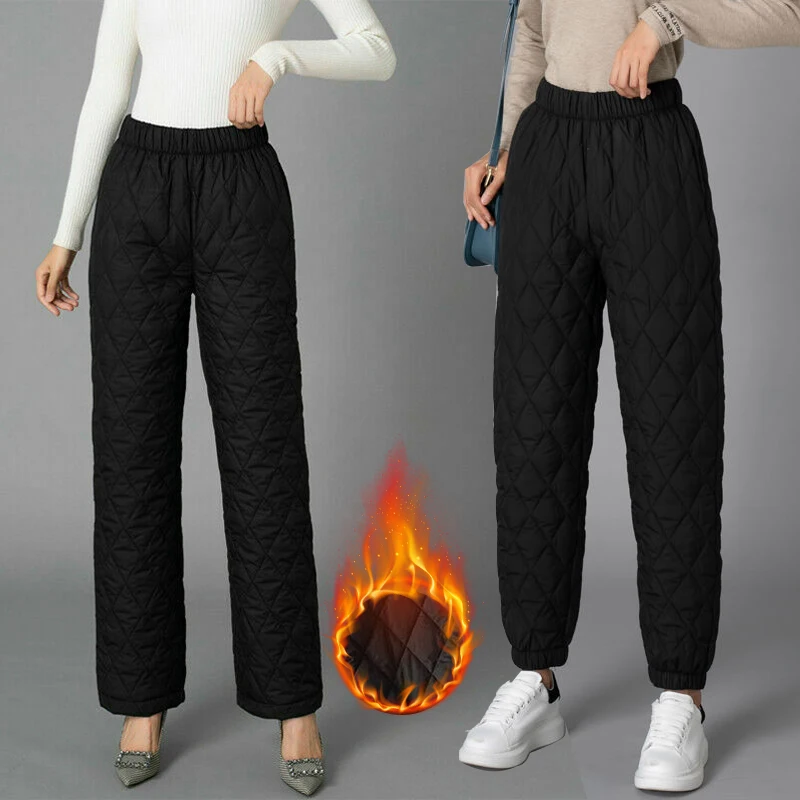 Women Winter Warm Down Cotton Pants Padded Quilted Trousers Elastic Waist Casual Trousers