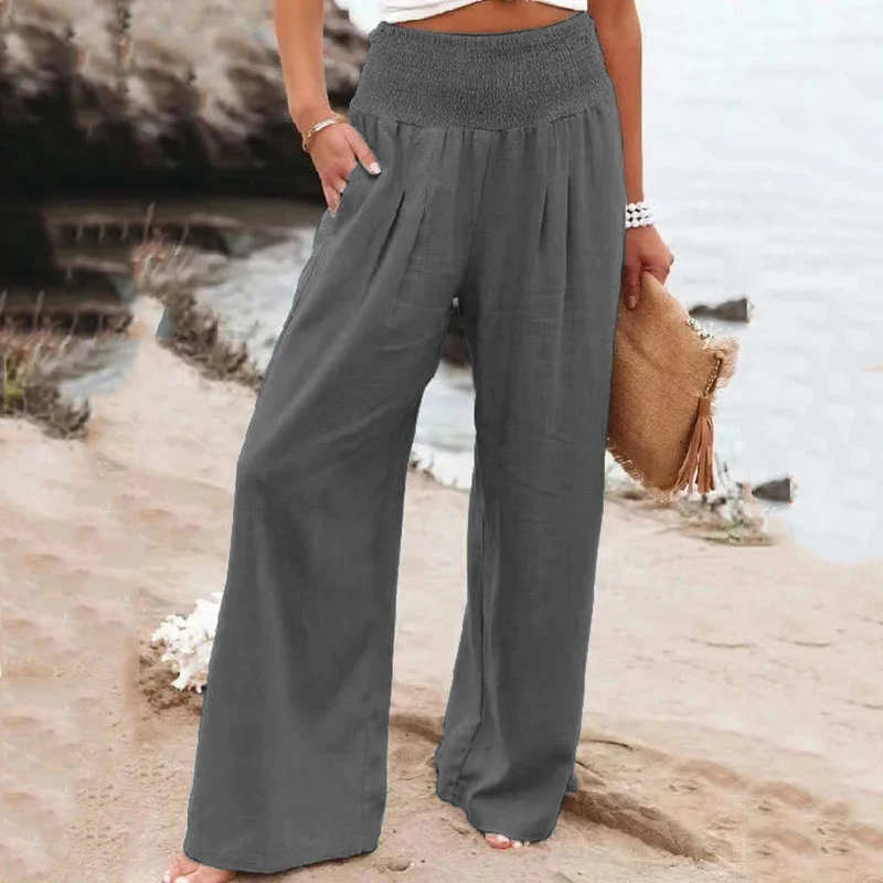 C.NEW S Solid Wide Leg Pants Women Casual Style Loose Office  Long Pants Vintage Cotton And Hemp Comfortable Mid Waist Trousers