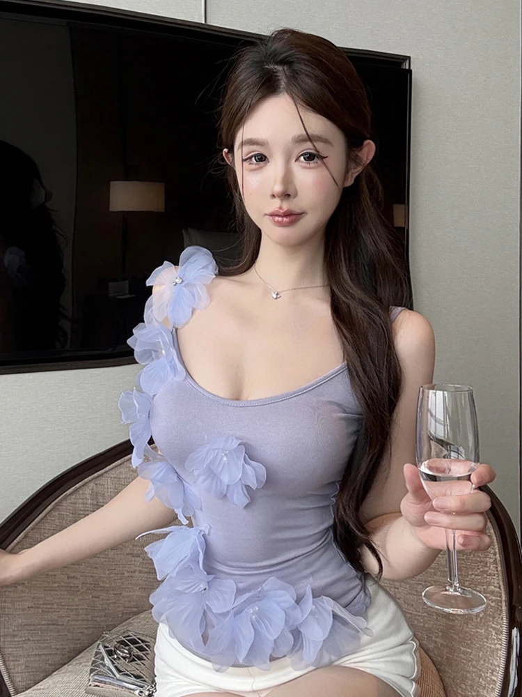 

Sexy Spicy Girl Floral 3D Patchwork Irregular Strapl Vest Svel Versatile Small ence Top Pure Desire Summer 2025