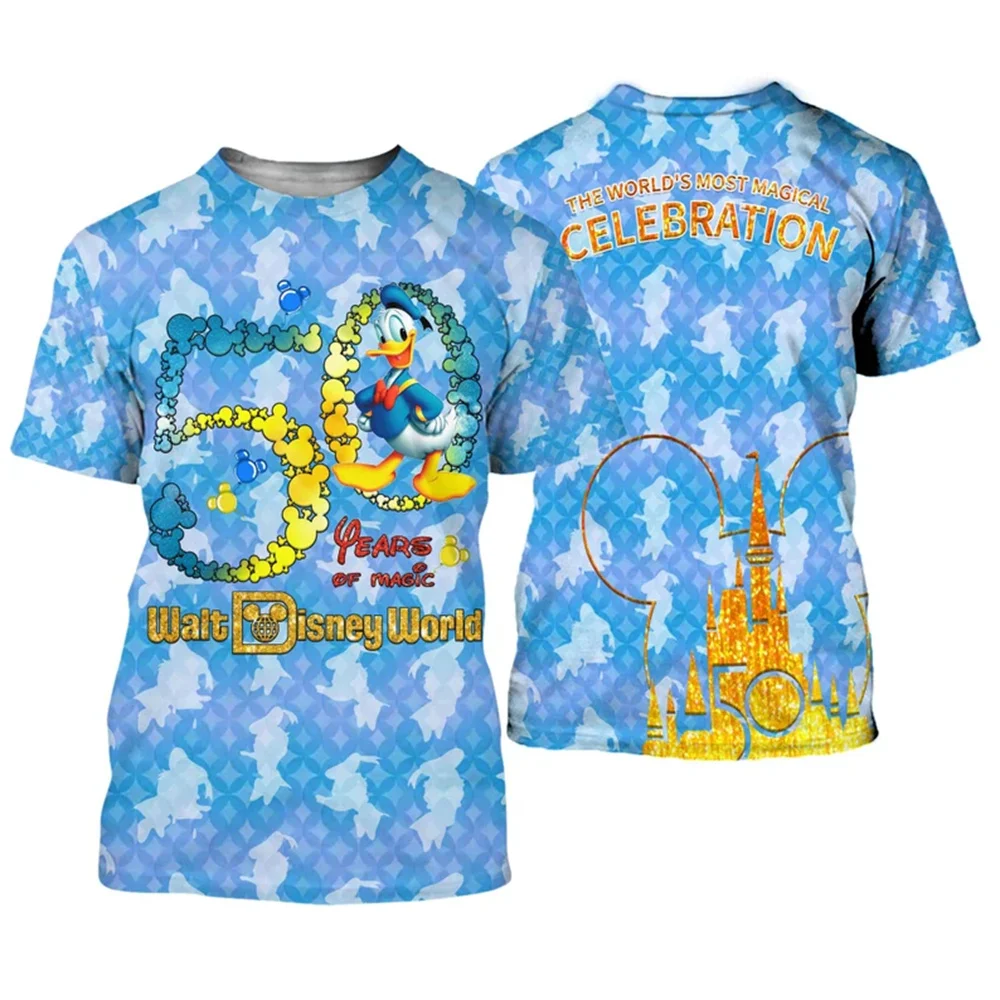 

Donald Duck Blue Patterns Castle Mickey Head Disney 50th Anniversary Unisex Casual T-shirts Outfits Clothing Men Women T-shirt