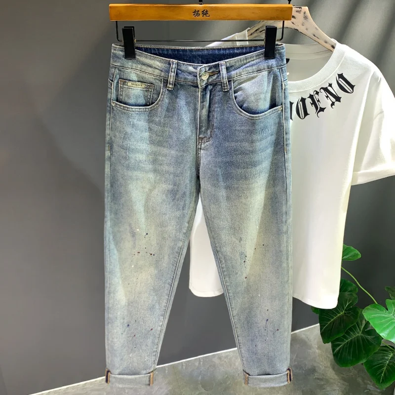 2024New Retro Washed Straight-Leg Denim Trousers Men's Fashion Printed Street Design for Spring and Summer Men's Clothing