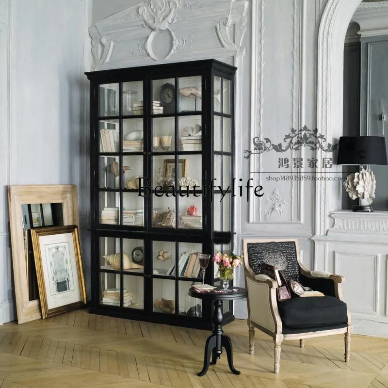 

European-Style Solid Wood Double-Door Bookcases Living Room Locker Glass Door Wine Cabinet Integrated Sideboard Cabinet