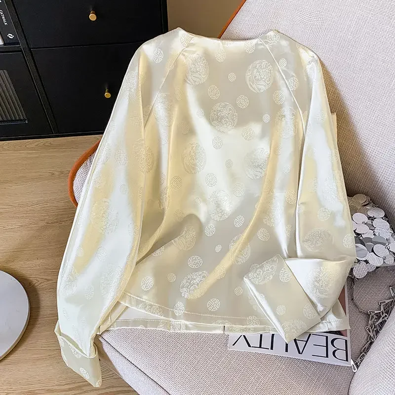 Chinese style national style buckle 2024 autumn jacquard satin shirt Tang suit improved outerwear top advanced bottoming shirt