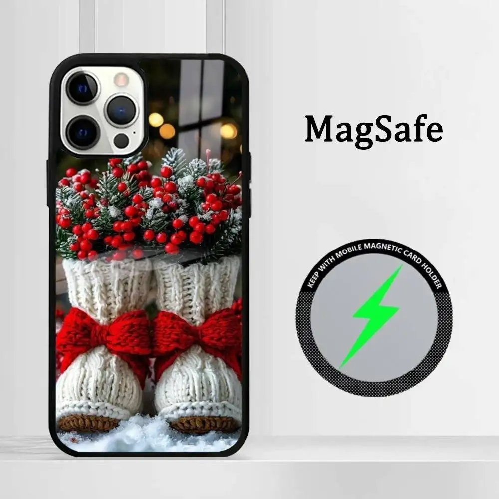 

Christmas Shoes Socks Phone Case Magnetic Glass Phone Case For Iphone 16 15 14 12 11 13 Pro Max Mini Puls Cover