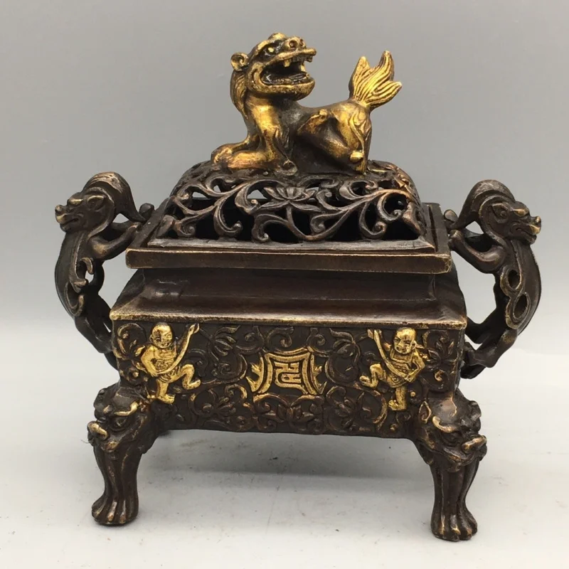 

Antique Bronze Collection Gilt Lion Lid Square Incense Burner Exquisite Craftsmanship Rich and mellow patina Complete form