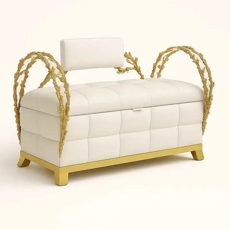 European Style Leather Sofa with Storage Expandable Modular Design Brass Armrests for Living Room