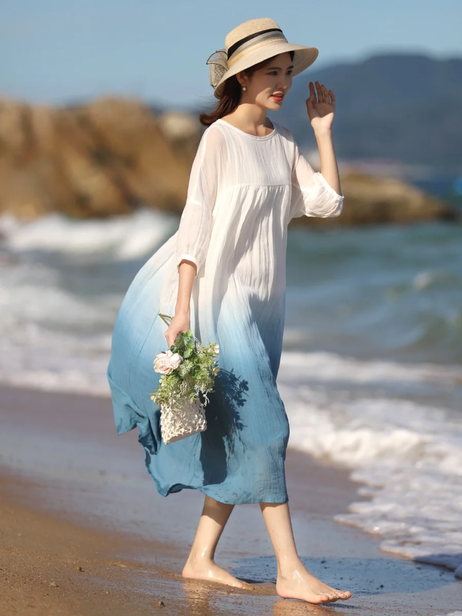 Verão novo solto plus size vestido adient cor dr leve linho dupla camada bainha larga saia de fadas branco maxi dr