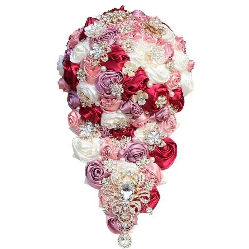 

High Quality Crystal Bride Waterfall Bridesmaids Accessories Handmade Satin Rose Elegant Wedding Flowers Bridal Bouquet