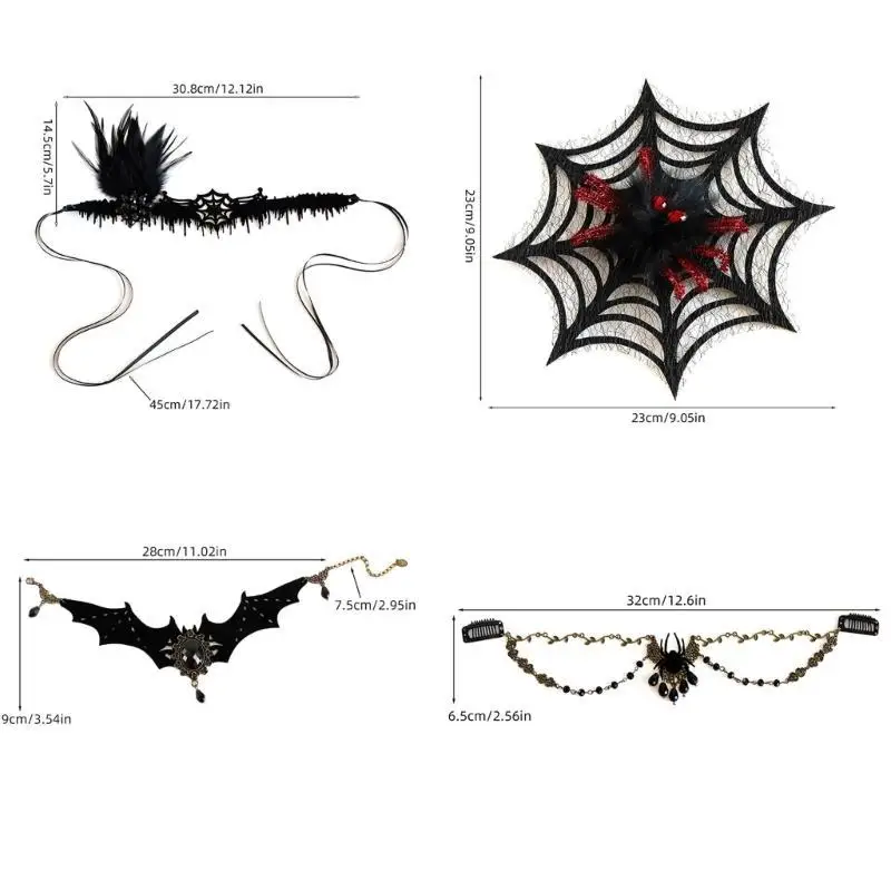 652F Halloween Feathered Headband Bat Headpiece Bat Necklace Halloween Costume Accessory for Women Girl Halloween Masquerades